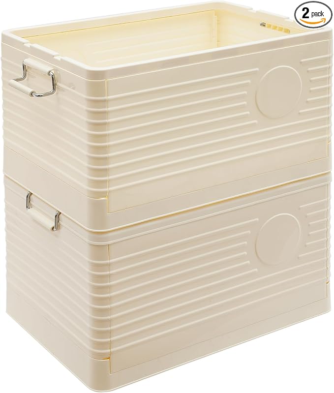 Yykniey Foldable Storage Bins with Wheels, 2 Pack Stackable Collapsible Storage Box Organizer for Closet Bedroom Living Room, Cream White
