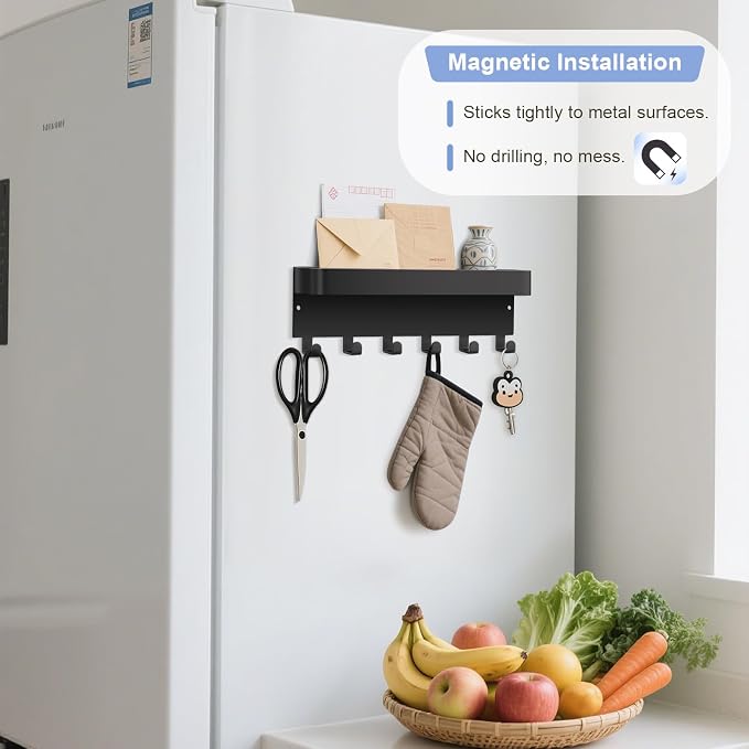 RELBRO Magnetic Key Holder for Fridge, Key Rack with Shelf, Black | Metal, Built-in Magnet, Top Tray, 2 Installation Options, Matte Finish, Compact, Key Rack for Refrigerator Camper RV Entryway