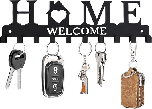 Key Holder Wall Mount, Adhesive Key Hanger with 10 Hooks, Black | Metal Material, 2 Mount Options, Compact Design, Cute Wall Decoration, Suit for Entryway, Doorway, Hallway, RV, Garage