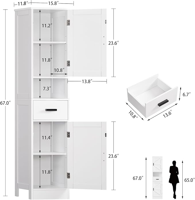 67" H Bathroom Storage Cabinet with Barn Doors & Adjustable Shelves, Bathroom Cabinet with Drawer, Narrow Bathroom Storage Unit, Floor Cabinets for Living Room, Kitchen, White
