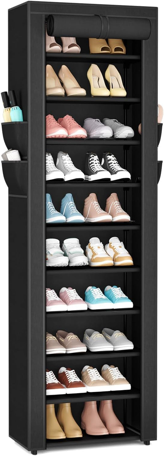 VTRIN Vertical Narrow Shoe Rack Organizer 10 Tier Tall Shoe Shelf Holds 20-22 Pairs with Non-Woven Dustproof Cover for Closet, Entryway Black
