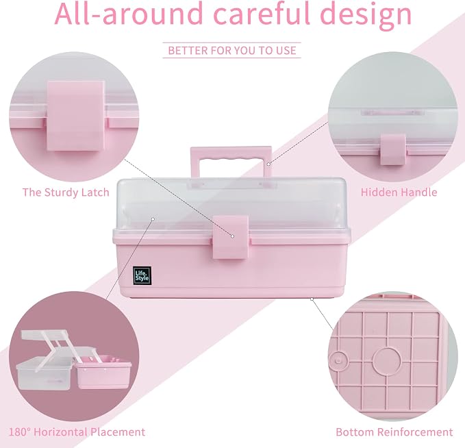 Creahaus 13 inch Art Craft Organizer Storage Box with 3 Layer, Multipurpose Plastic Tool Box with Handle for Sewing, Art Supply, Medicine, Nail, Hair Accessories (Pink)