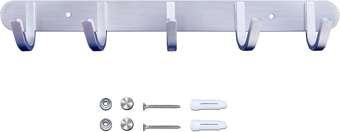 Coat Hook Rail Brushed Nickel 14-inch Towel Rack Wall Mounted with 5 Hooks/Durable Coat Hangers for Bedroom, Bathroom, Foyer, Hallway/304Stainless Steel/Easy to Install/Rust and Water Proof