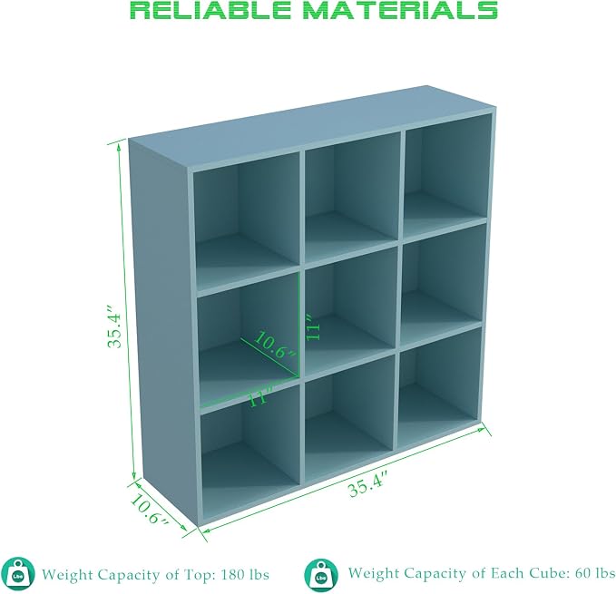 OSCHF 9-Cube Storage Shelf Bookcase, Light Blue | Wooden 3-Tier Open Bookshelf, Fits 11×11" Bins, Vertical or Horizontal Use, Full Back Panels, For Home Office