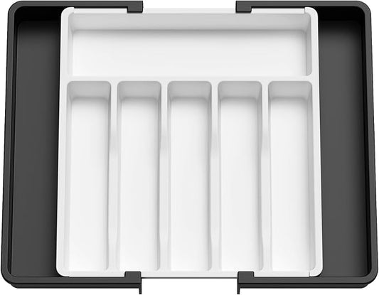 Lifewit Extra Large Silverware Drawer Organizer, Expandable Utensil Tray for Kitchen, BPA Free Flatware Cutlery Holder, Adjustable Plastic Storage for Spoons Forks Knives, 13-22 x 15, White&Black