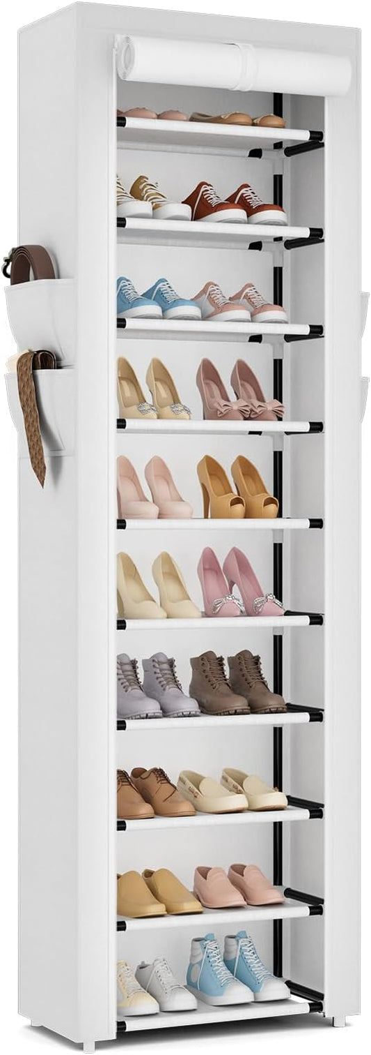 ROJASOP Shoe Rack with Covers 10 Tier Large Shoe Organizer Tall Shoe Closet Storage for 20-22 Pairs Shoe and Boot, Free Standing Shoe Rack Organizer for Closet, Entryway, Bedroom, White