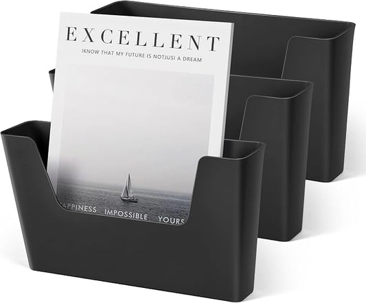 YOHOM Adhesive File Holder Plastic Document Folder Door No Drilling Mount Mail Magazine Organizer A4 Filing Envelopes Folder, Office Wall Mount Single Pocket (BLACK, 3 PCS)