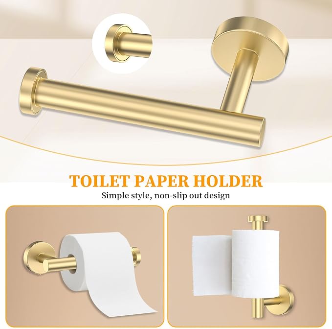Brushed Gold Towel Bar Set 10 Pieces Round Bathroom Hardware Set Includes 23.6in Towel Bar Towel Ring Toilet Paper Holder Towel Hooks Stainless Steel Wall-Mounted Bathroom Towel Holder Set