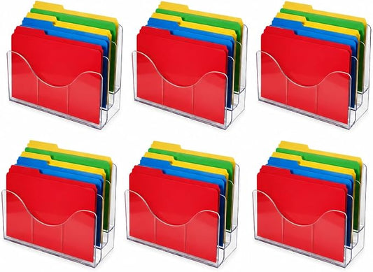 Azar Displays 250099-6PK Three Tier File and Brochure Desktop Wall Organizer Holder with Dividers brochure display stand acrylic file holder, Clear , 6-Pack