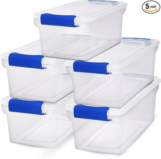 HOMZ 7.5 Quart Clear Plastic Stackable Storage Container Tote with Secure Latching Lid for Home and Office Organization, 5 Pack