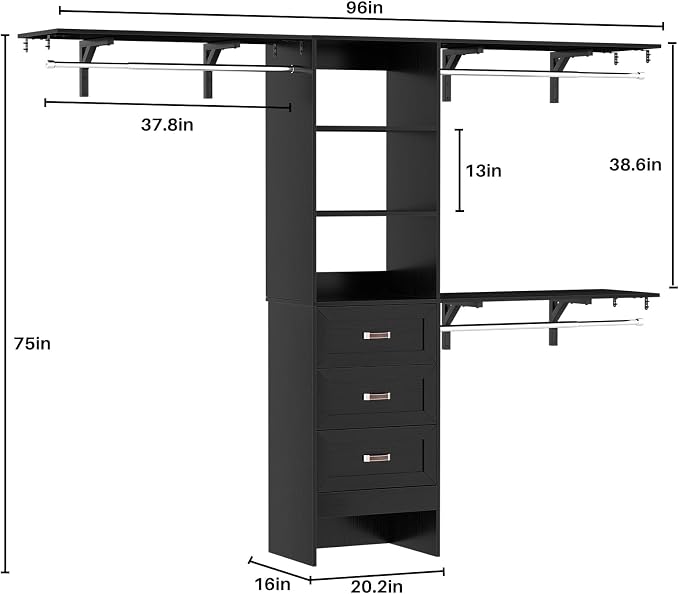 8FT Closet System with 3 Curved Drawers, 96'' Wooden Walk-in Closet Organizer with 3 Top Shelves, Adjustable Organizer System with 3 Hanging Rods, Built-in Wardrobe Storage Rack for 4-8 ft, Black