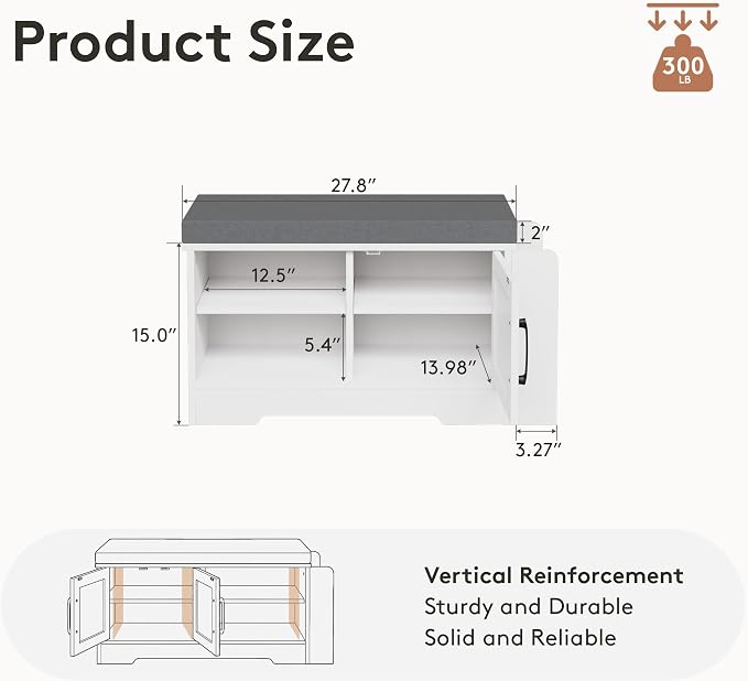 GRUSIGN 27.8" Shoe Storage Bench with Cushion, Entryway Shoe Cabinet, White | 3-in-1 Shoe Storage Bench, Adjustable Shelves, Removable Cushion, 300 lbs Capacity, Entryway, Apartment, Families