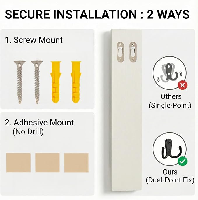 Vertical Key Holder for Wall & Dog Leash Holder – Solid Wood Wall Mount Key Rack with 8 Hooks – Small Space Saving Entryway Organizer for Keys, Lanyards, Masks (Adhesive or Screws) (White)