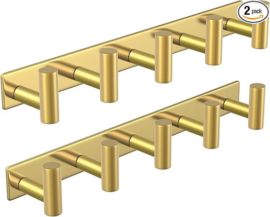 PMMASTO Coat Rack Wall Mounted, 5 "T Shaped Wall Hooks for Hanging, Heavy Duty Stainless Steel Coat Hook Rail for Hat Towel Robes in Bathroom Kitchen Mudroom Entryway (Gold, 2 Pack)