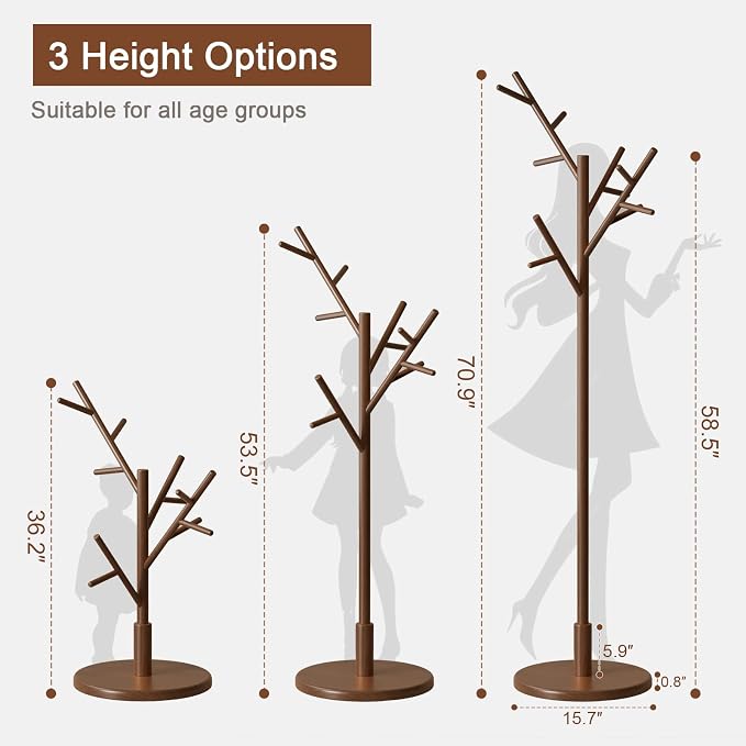 Coat Rack, Solid Wood Coat Rack Freestanding With 12 Hooks, Coat Tree Freestanding Heavy Duty 3 Adjustable Heights For Coat, Hats, Handbags, Coat Hanger Stand For Entryway, Bedroom, Walnut
