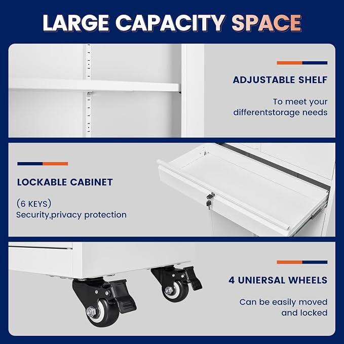 Yizosh Metal Garage Storage Cabinet with Locking Doors and Adjustable Shelves, 73" Rolling Tool Storage Cabinet with 4 Wheels and 1 Drawer for Garage,Warehouse