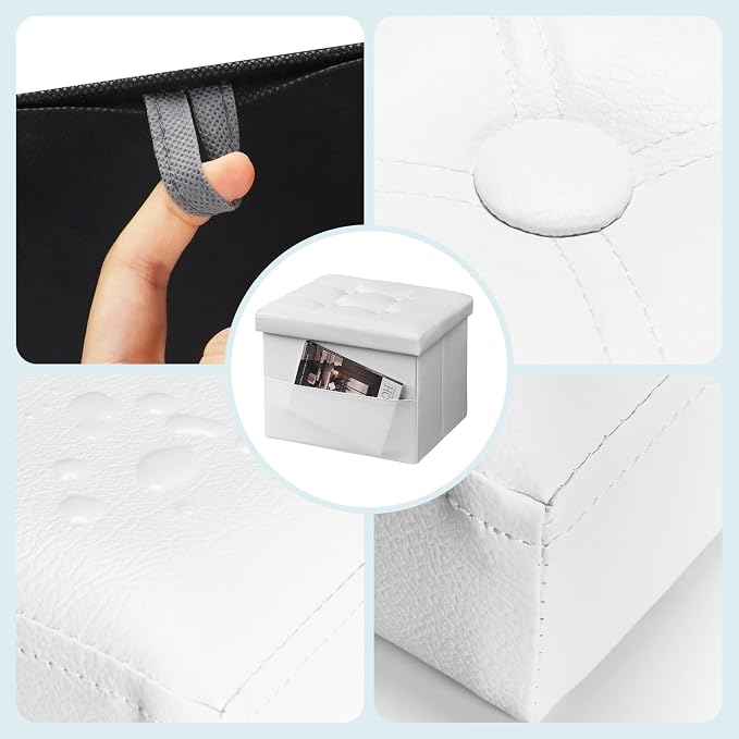 Bsketa Storage Ottoman Bench,16 Inch Folding Leather Foot Rest Stool, White | Small Ottoman with Side Pockets, Thicker Foam Padded Seat, Livingroom, Dorm, Bedroom, Easy to install, 38L, 16x12x12in