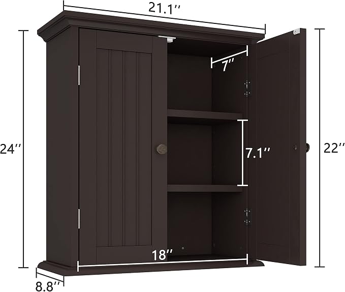 ChooChoo Bathroom Wall Cabinet with 2 Doors, Over The Toilet | 8.8"D x 21.1"W x 24"H, Medicine Cabinet, Adjustable Shelves, Cupboard, Espresso