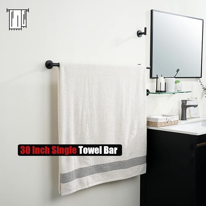 JQK Black Bath Towel Bar, 33 Inch 304 Stainless Steel Thicken 0.8mm Towel Rack Bathroom, Towel Holder Matte Black Wall Mount, Useable Length 30 Inch, TB110L30-PB