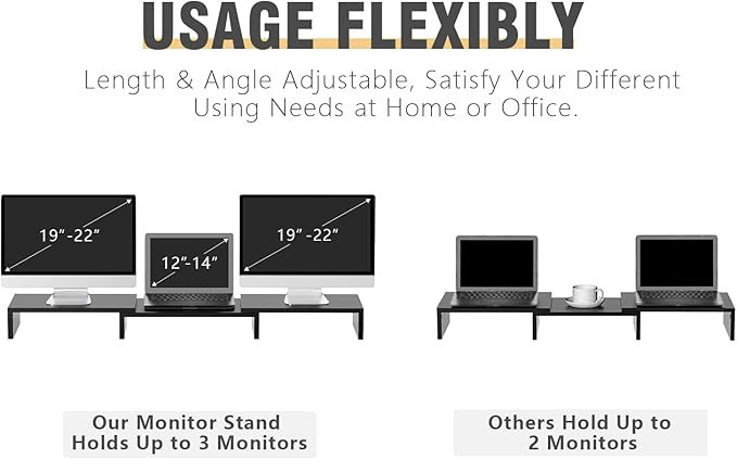 TAVR Monitor Stand Riser, Office Desktop Organizer Stand for 2 Monitors | Adjustable Length and Angle 3 Shelf, Extra Long Multifunctional Wooden Stand up to 43.3" fit Computer, Laptop, TV, Black