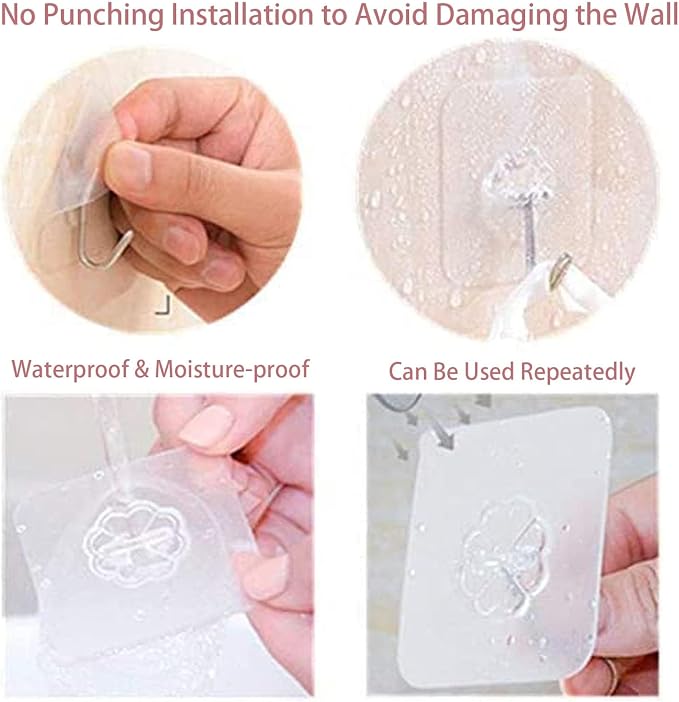 DDMY Adhesive Wall Hooks Clear 50lb(Max) Heavy Duty Hanging Sticky-10 Pack | Heavy Duty Hooks for Walls Hanging 50 lbs No Damage, Waterproof Sticky Transparent Ceiling Hook for Towel/Kitchen/Outdoor