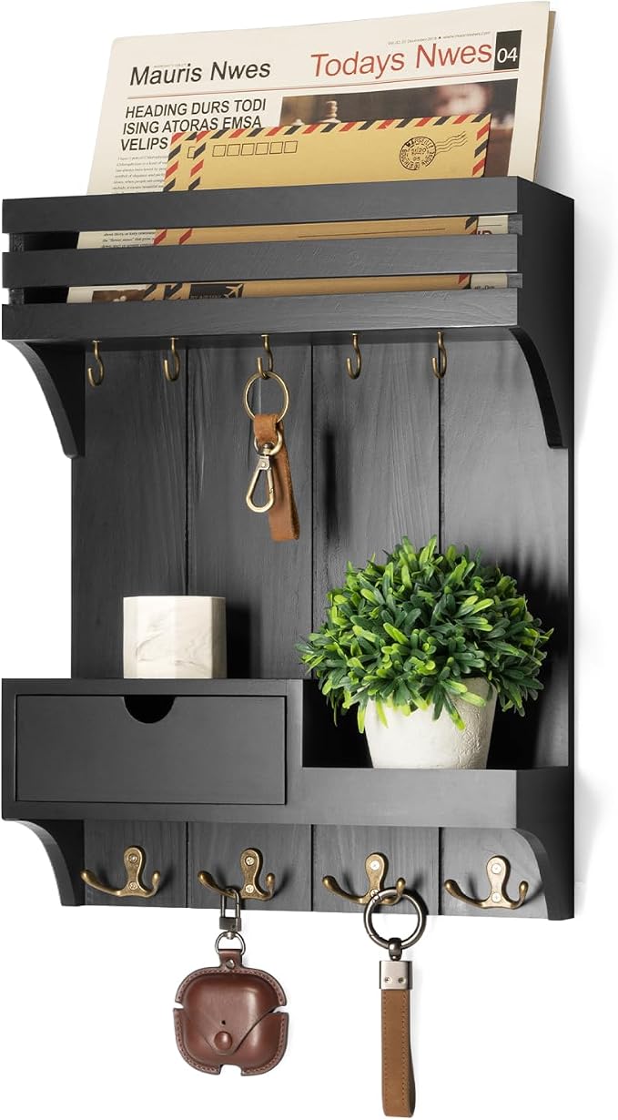 Rebee Vision Key Holder Wall Mount with 9 Key Hooks for Home Decor, Black | Sturdy Wood, Key Holder for Wall, Mail Sorter, Floating Wall Shelf, Drawer Organizer, Key Hanger Room Decor Aesthetic