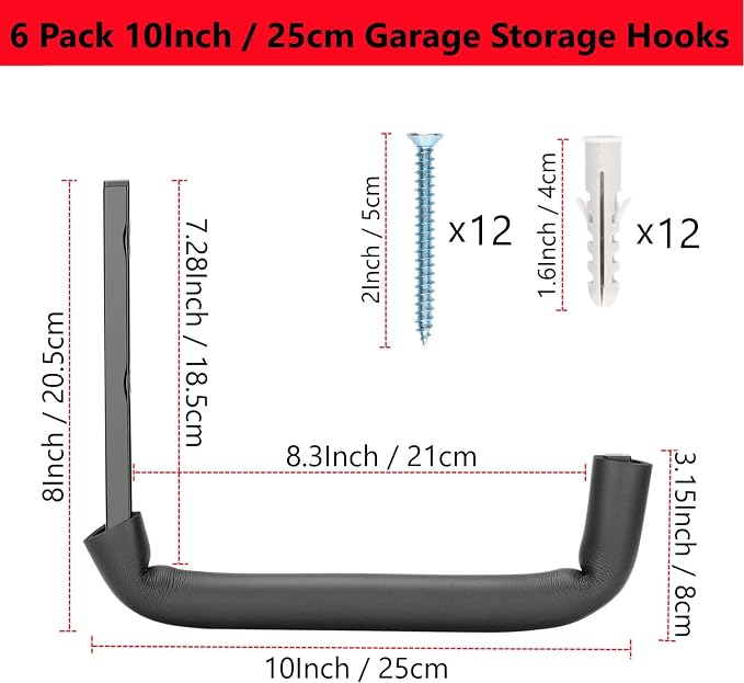 Garage Hooks, 10" Heavy Duty Garage Storage Tool Hangers, Wall Mount Storage Hooks for Garden Tools, Ladders, Bikes, Bulky Items