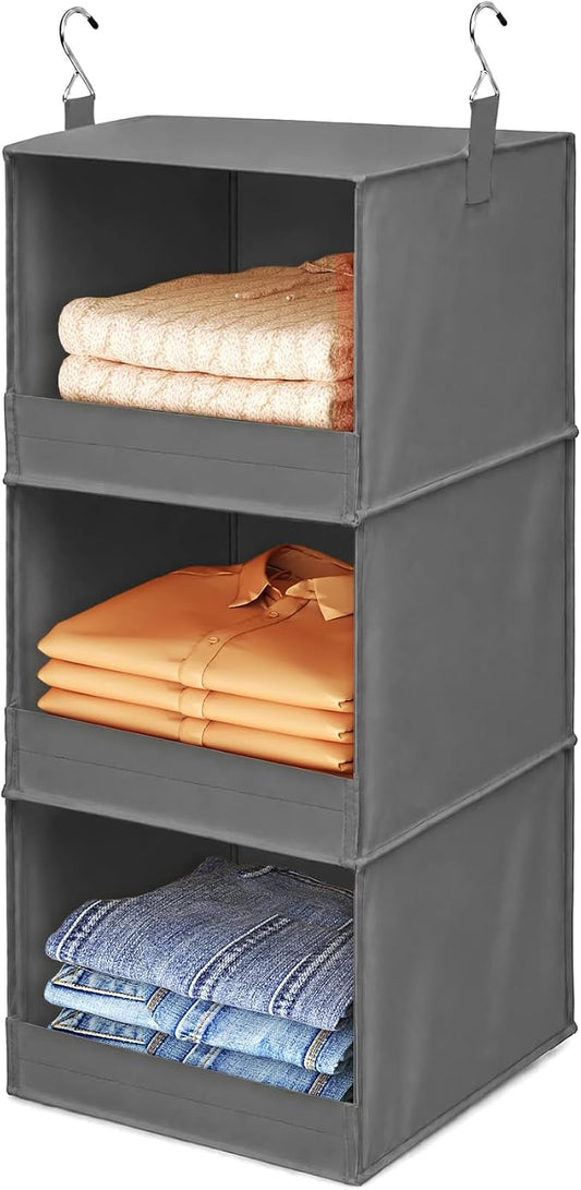 Lifewit 3 Tier Hanging Clothes Storage Organizer for RV, 1 Pack, Gray | Front Anti-Slip Closet Storage Hanger with 2 Sturdy Hooks, Vertical Foldable Sweater Organization for Shelf, Wardrobe, Dorm