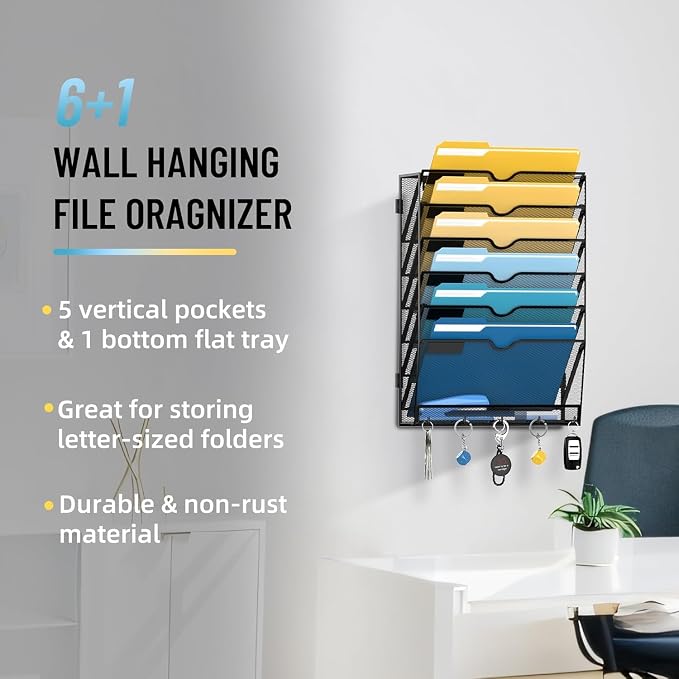 SUPEASY 7-Tier Hanging Wall File Organizer with Hooks, 2 Pack | Mesh Wall File Holder, Mail Organizer Wall Mounted for Papers, Documents, Folders and Magazines in Home Office, Classroom