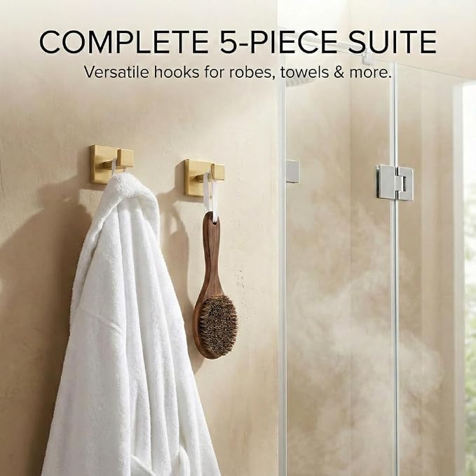 5-Piece Bathroom Hardware Set, 23.6 in Towel Bar, Brushed Gold | 304 stainless steel, towel ring, toilet paper holder, 2 robe hooks, wall-mounted, installation hardware included