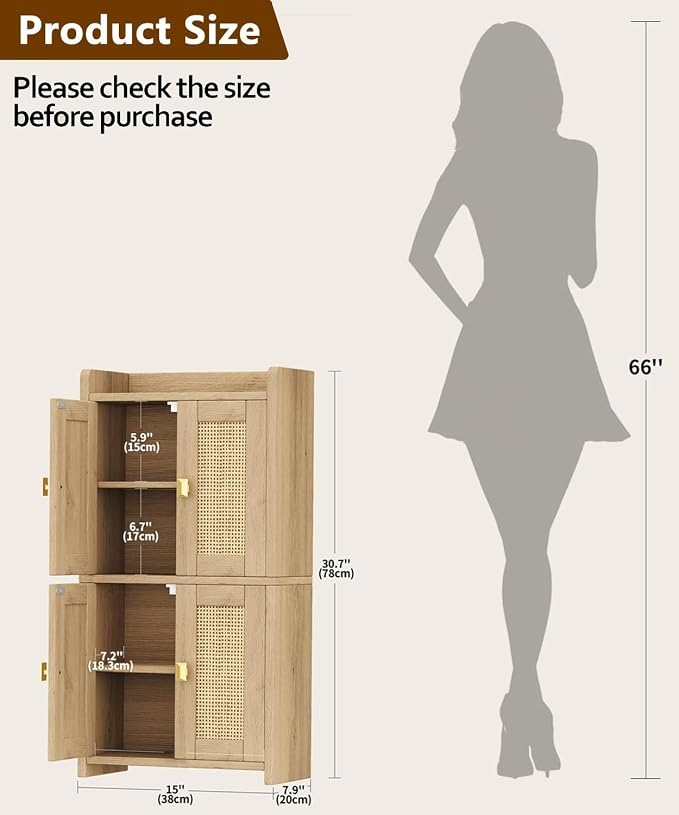 Akxomel 15" Rattan Small Bathroom Cabinet 4 Doors Adjustable Shelf Oak | Bathroom Organizer and Storage, Toilet Paper Floor Cabinet for Small Space