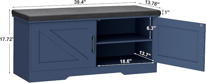 HOMSHO Farmhouse Shoe Storage Bench with 2 Barn Doors & Padded Seat Cushion | 39.4" Wide Entryway Bench with Adjustable Shelves & Hidden Storage, Blue
