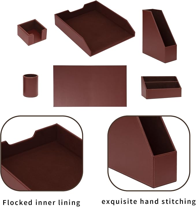 Office Supplies PU Leather 6-Piece Desk Organizer with Writing Pad, Letter Tray, File Folder Sorter, Pen Cup, Note Holder, Business Card Holder - Brown