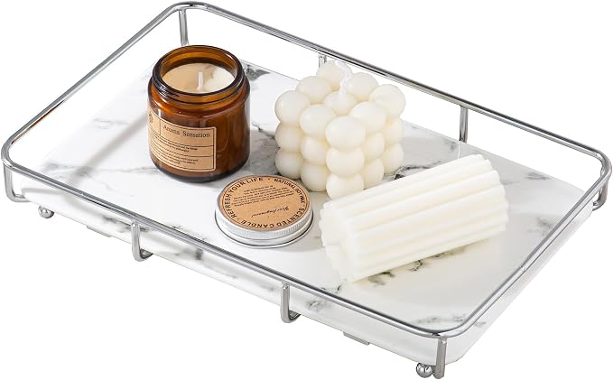 Dobbyby Vanity Tray Makeup Organizer Cosmetics Storage Bathroom Skincare Organizer Countertop Display Rack in Dresser Stainless Steel Shelf Marble Print Ceramic Trays