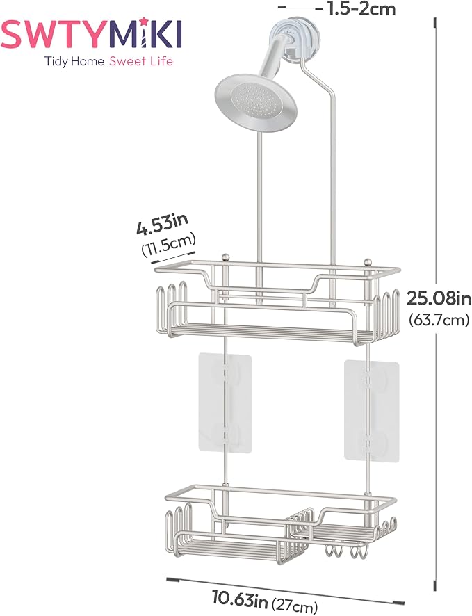SWTYMIKI Bathroom Shower Caddy Hanging - Extended Length 2 Tier Rustproof Over Shower Head Organizer, No Drilling Bathroom Shelf with 14 Hooks & Soap Holder, Anti-Swing Rack, Sand Nickel