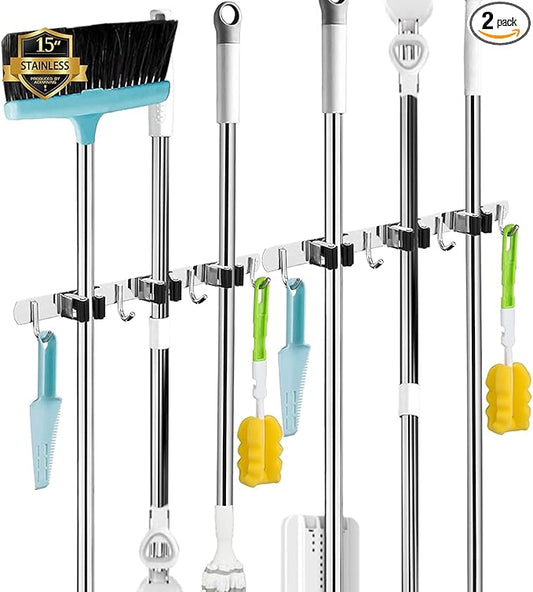 2 Pack Broom Holder Wall Mount, 3 Racks 4 Hooks Mop and Broom Organizer | Mop Holder Wall Mount and Broom Hanger for Garage, Laundry Room, Kitchen and Utility Storage