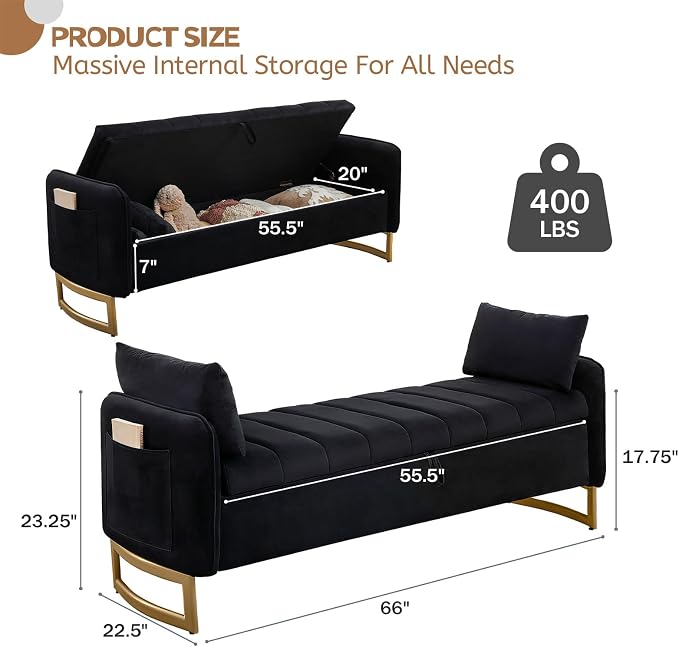 66" End of Bed Storage Bench King Size, Velvet Storage Benches for Bedroom Foot of Bed, Upholstered Storage Ottoman Bench with Golden Legs and Pillow for Living Room Window Entryway, Black