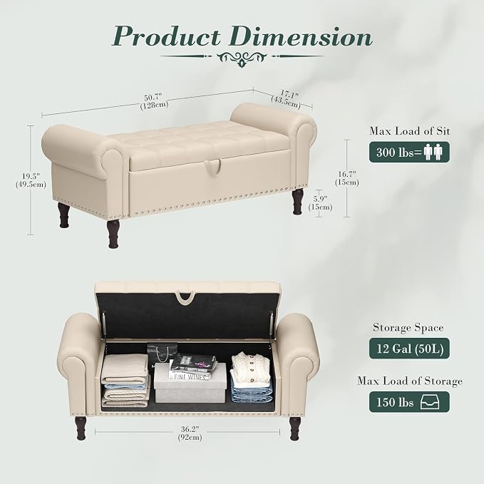 Apicizon 51” Bench with Storage, Faux Leather Ottoman Bench with Rolled Arm & Vintage Rivets, End of Bed Bench for Bedroom, Living Room, Entryway, Beige+Brown Legs