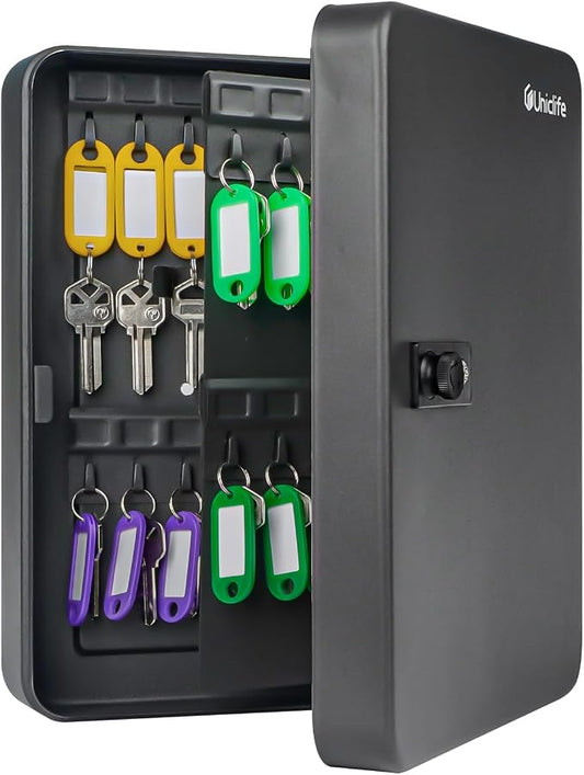 Uniclife 60 Position Key Cabinet with Combination Lock Resettable Black Digital Security Storage Box Steel Key Organizer with Colorful Key Tag Labels Stickers and Hooks