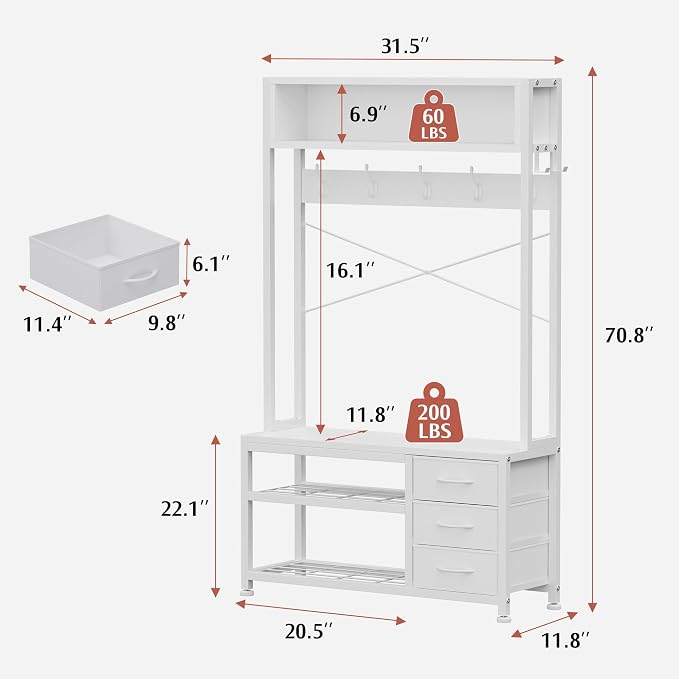 Hall Tree with Bench and 3 Drawers Storage, 31.5" Coat Rack Freestanding | White, 6-in-1, Top Cubby, 12 Coat Hooks, Adjustable Shoe Rack, Sturdy Metal Frame, Entryway Organizer