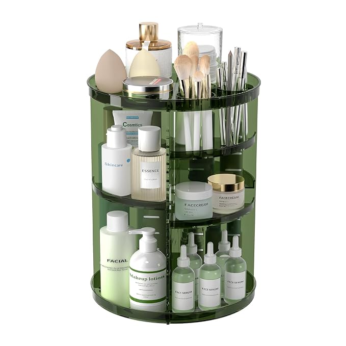 Rotating Makeup Organizer, DIY 8 Adjustable Layers Spinning Skincare Storage, Cosmetic Display Case with Brush Holder and Perfume Tray, Multi-Function Vanity Bathroom Countertop Organizer Clear Green