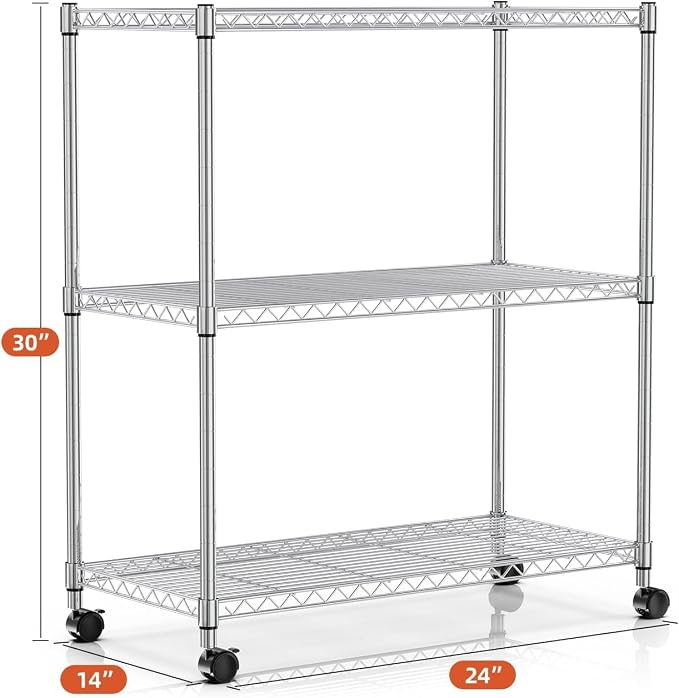 Simple Deluxe Heavy-Duty 3-Tier Rolling Shelving Unit, Adjustable Steel Wire Shelf, 24.02" W x 13.78" D x 29.92" H, 750 lbs Capacity, Chrome Metal Storage Rack for Kitchen
