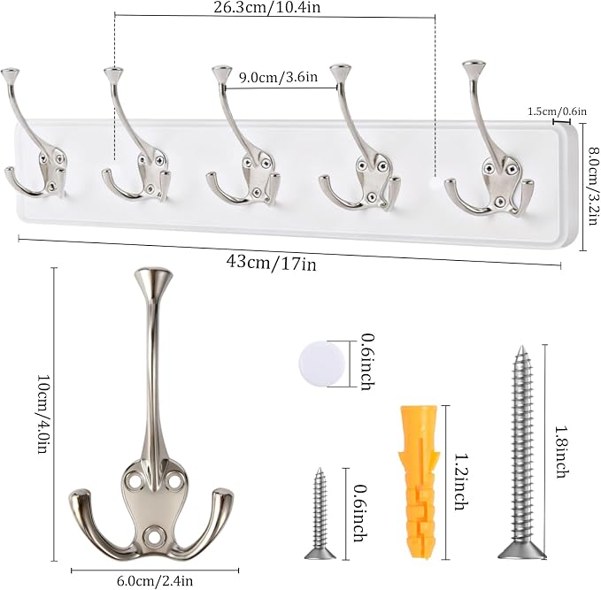 IBosins 2 Pack White Coat Rack Wall Mount, 17" Long with 5 Tri-Hooks | Wall Mounted Heavy Duty Metal Coat Hook Rail for Entryway, Closet, Bathroom, Coat, Jacket, Scarf, Towel, Hat