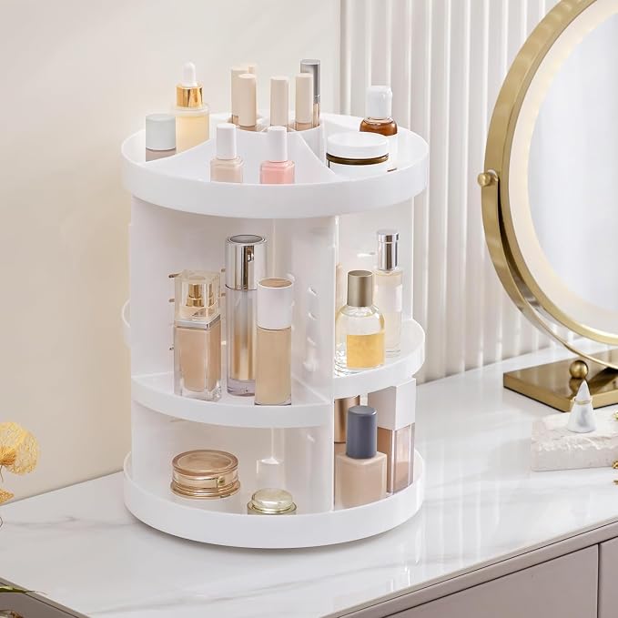 HBlife Extra Large 360 Rotating Makeup Organizer Adjustable Carousel Large Capacity Revolving Perfume Organizer Skincare Organizers Cosmetic Storage Spinning Holder for Vanity, White