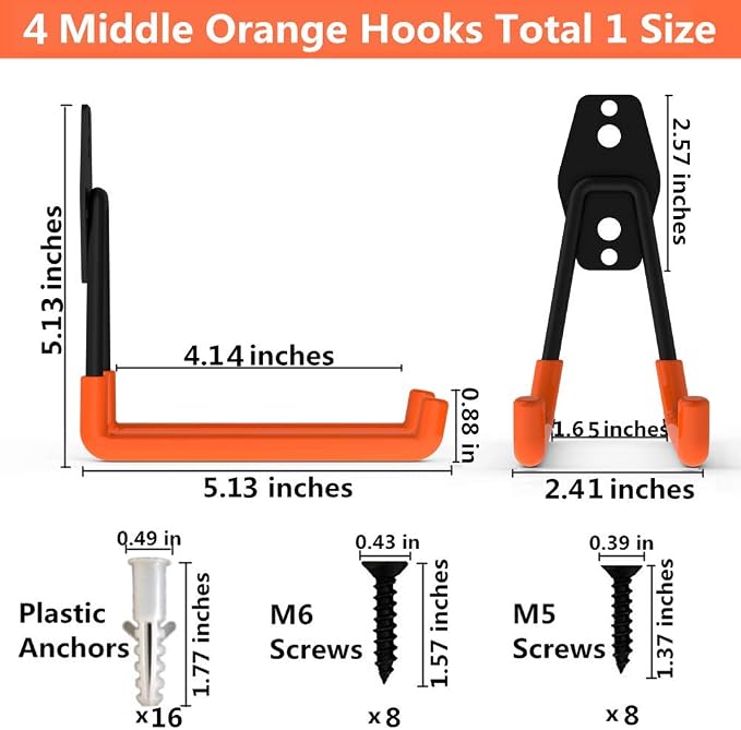Storage Double Hooks Garage Space Saver Organizer Utility Hanger,Rack Extended Wall Mount Tool Heavy Duty Steel Holder with Anti-Slip Coating (4 Pack Orange 5.1" Medium Hook)