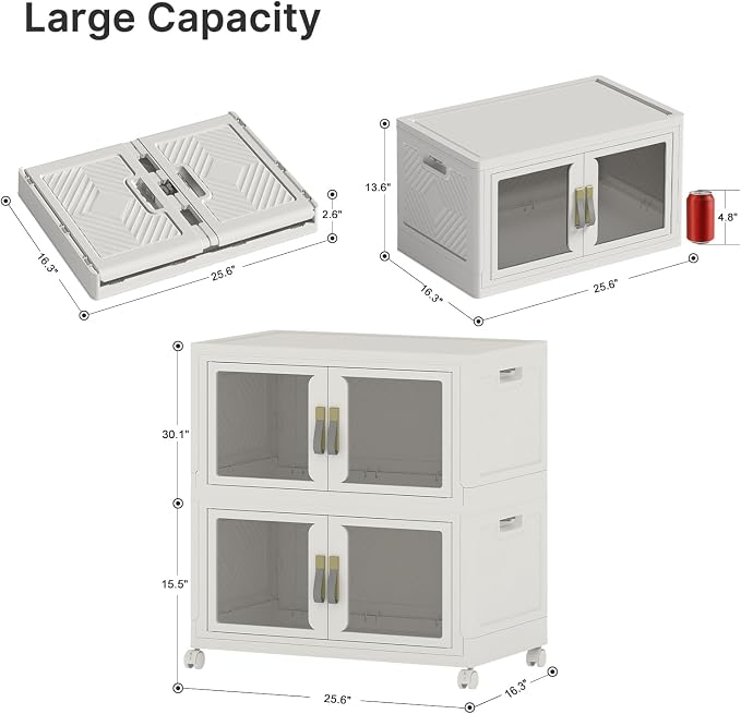 Stackable Storage Bins with Lids, 240QT Extra Large Storage Cabinet | Clear Doors, Foldable Storage Drawers, Heavy Duty, Collapsible Closet Organizers for Bedroom Office (2, White, 120, Quarts)