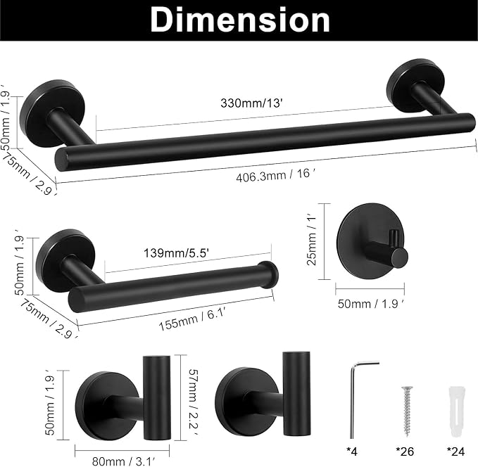 NearMoon Bathroom Hardware Set SUS 304 Thicken Stainless Steel-Towel Bar Set Include 16" Towel Rod, Toilet Paper Holder, Multifunctional Hooks Bathroom Accessories (Matte Black, 10 Pcs)
