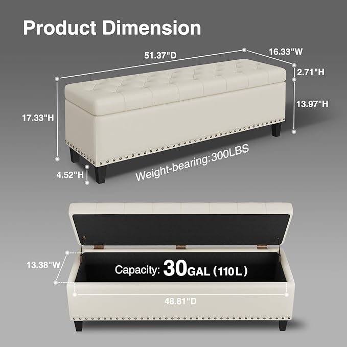 FiveWillowise 51 Inch Storage Ottoman Bench,Large End of Bed Storage Bench | Faux Leather Ottoman with Storage,30 Gallons,Upholstered,with Nailhead Trim,Legs,for Bedroom,Living Room,Entryway,Cream White