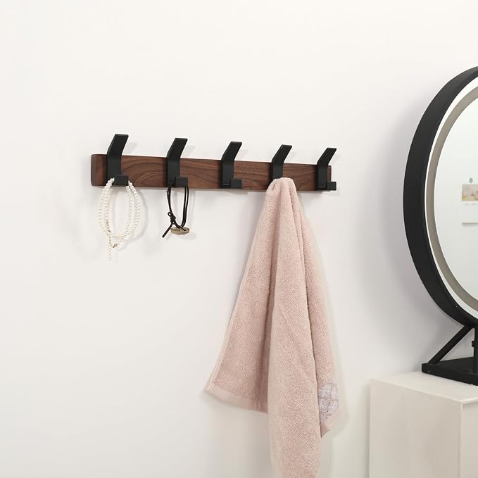 Coat Rack Wall Mount - 16.9 Inches Coat Rack Wall Mount with 5 Hooks Walnut Wood Coat Hooks Wall Mounted Rustproof Coat Hanger Black Aluminum Wall Hooks for Hanging Coat Hat Backpack Key