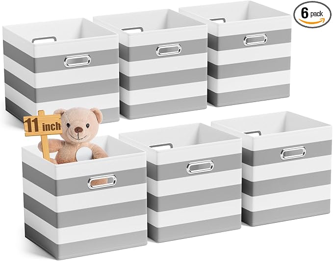 CroBlissful 11 Inch 6 Pack Fabric Storage Cubes with Metal Handles, Back to School Collapsible Organizer Bins for Classroom, Closet, Student Room, Toys and School Supplies (Grey and White)